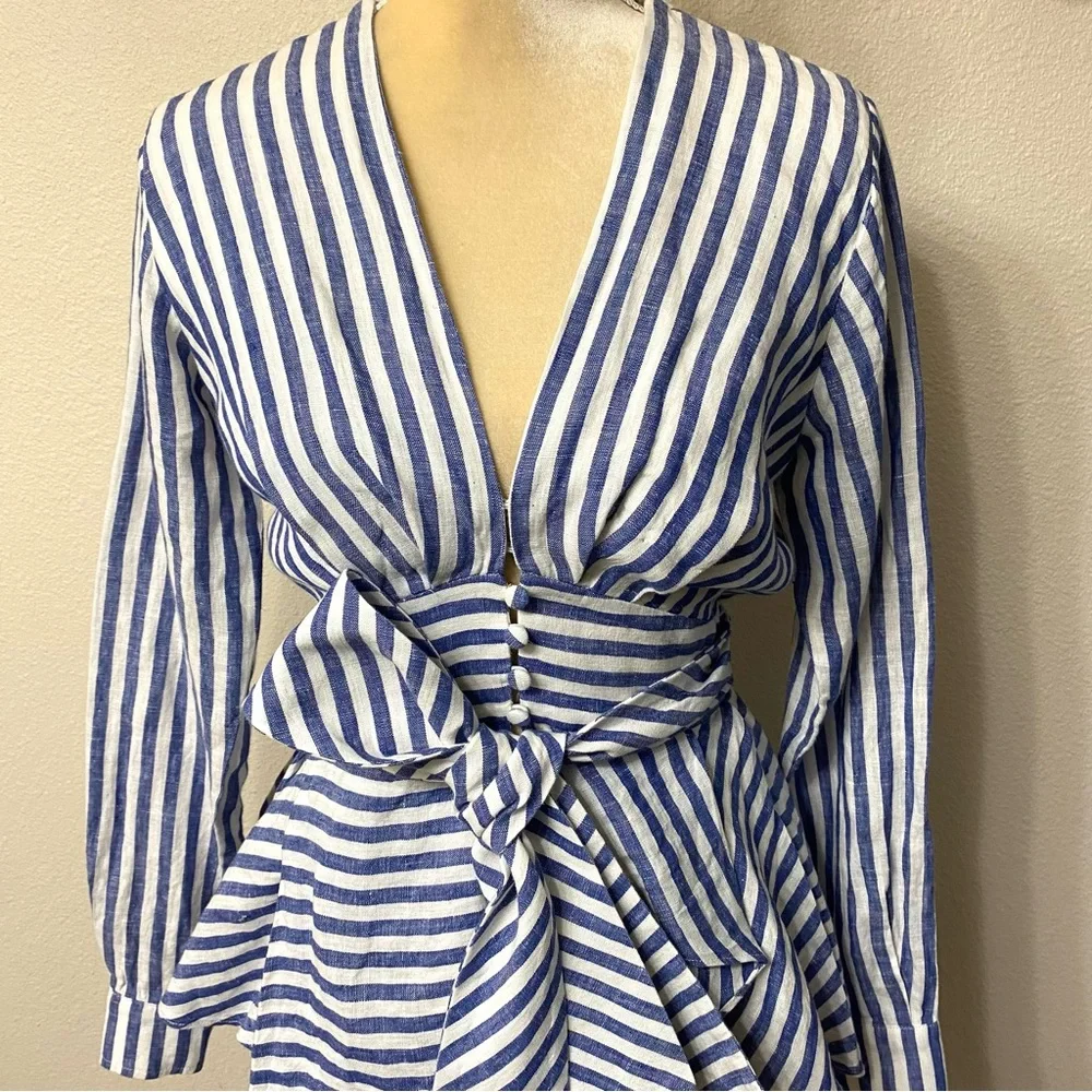 Johanna Ortiz Rio Grande Linen Striped High-Low Blouse 4 - Picture 4 of 11